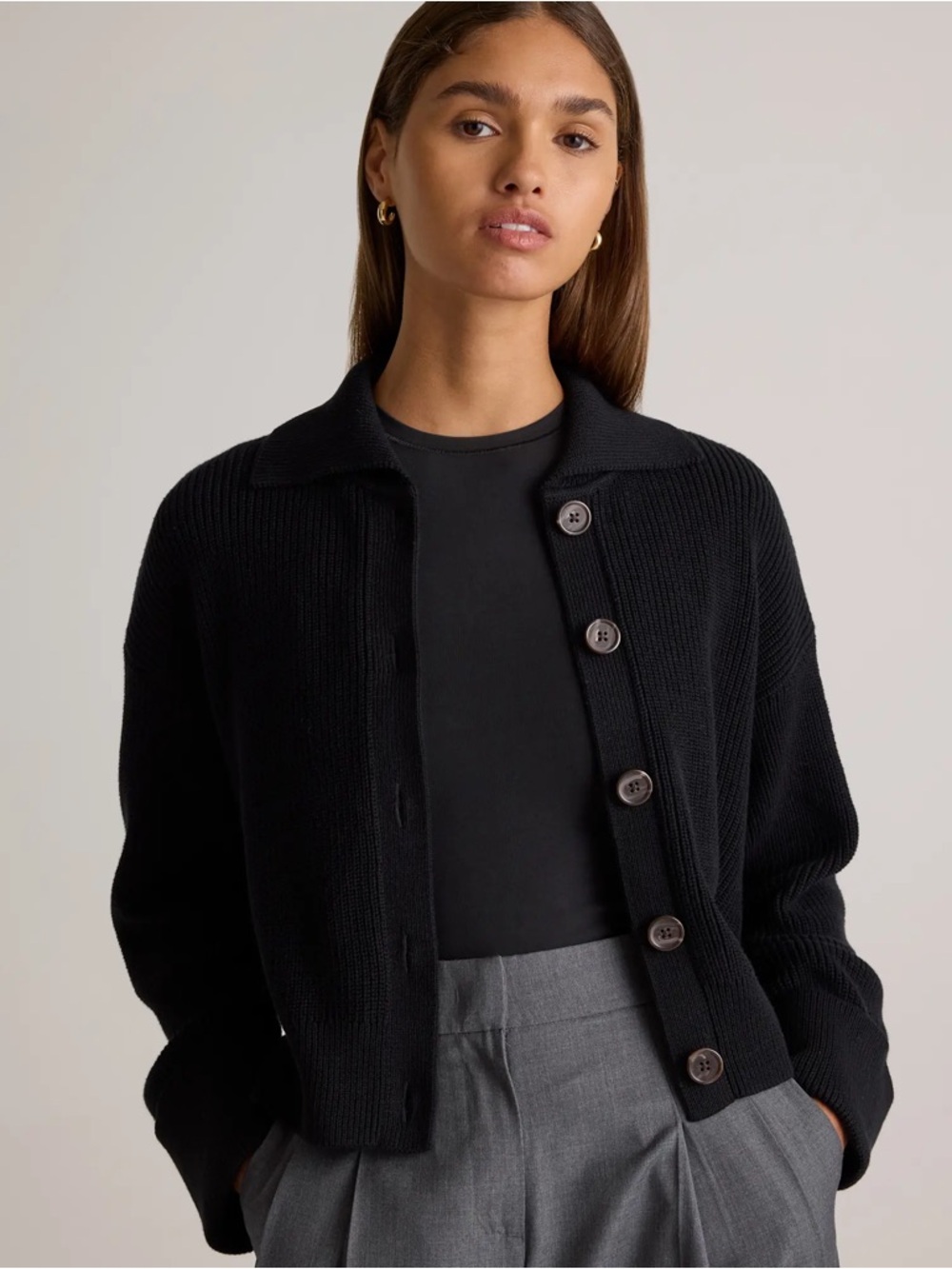 Quince Black Button-Front Ribbed Collared Sweater - Picture 9 of 11